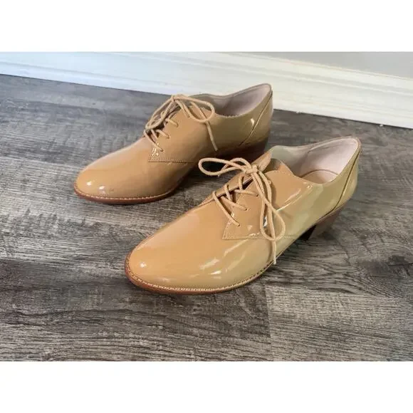 Louise et Cie Patent Oxford Shoes 9M Tan Lace-Up Block Heel Vintage Inspired - Picture 2 of 16